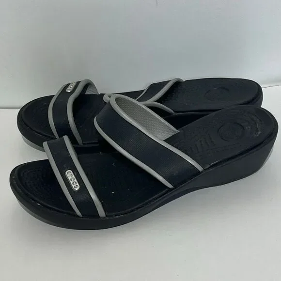 Crocs Women's Black Gray Madeira Wedge Comfort Slip‎ On Slide Sandals Size 5 - Picture 5 of 9